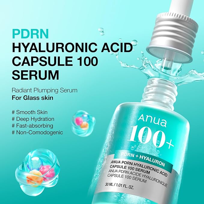 Anua PDRN Hyaluronic Acid Capsule 100 Serum, Radiant Face Serum, Salmon DNA, Hyaluronic Acid, Hydration, Moisture Plumping Effect, Lightweight, Glass Skin, Korean Skincare, 1.01 fl. oz