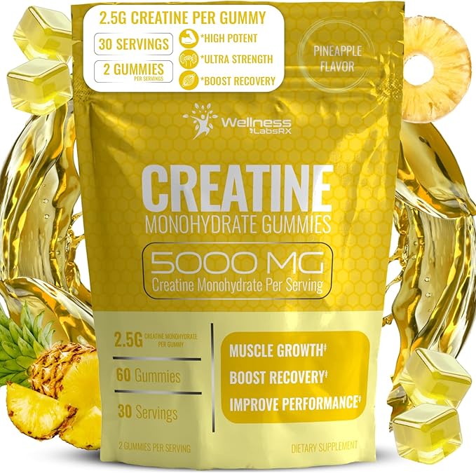Creatine Gummies 5000mg, 30 Servings Creatine Monohydrate Gummies - Third-Party Tested Creatine for Women, Pineapple Flavor Creatine for Men, Muscle Growth, Strength, and Recovery - Pack of 1