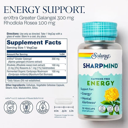 SOLARAY SharpMind Energy, Energy Booster for Women and Men, Nootropic Focus Supplement, Caffeine Free Energy Pills with Rhodiola Rosea and Cordyceps, 60 Day Guarantee, 30 Servings, 30 VegCap Pills