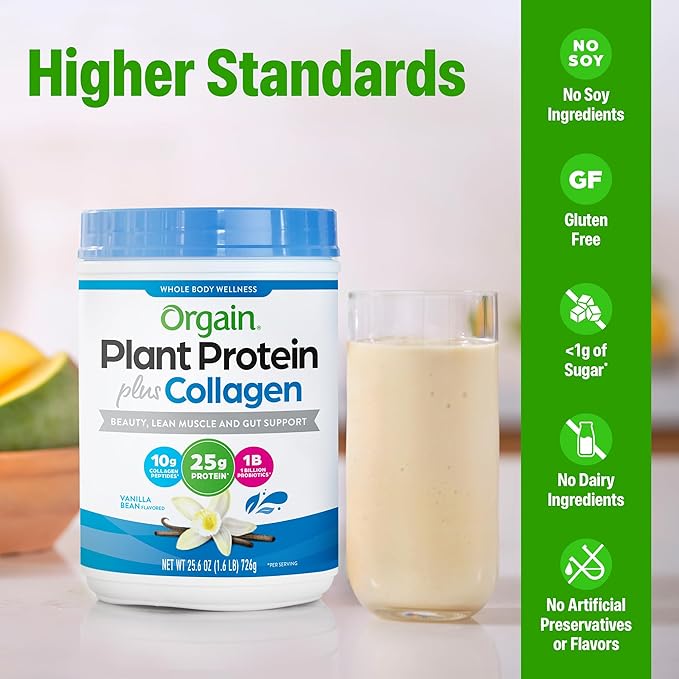 Orgain Protein Powder + Collagen, Vanilla Bean - 25g of Protein, 10g Collagen Peptides, Type I & III, 1B CFU Probiotics, Supports Hair, Skin, Nail, Joint & Gut Health, Gluten Free - 1.6lb