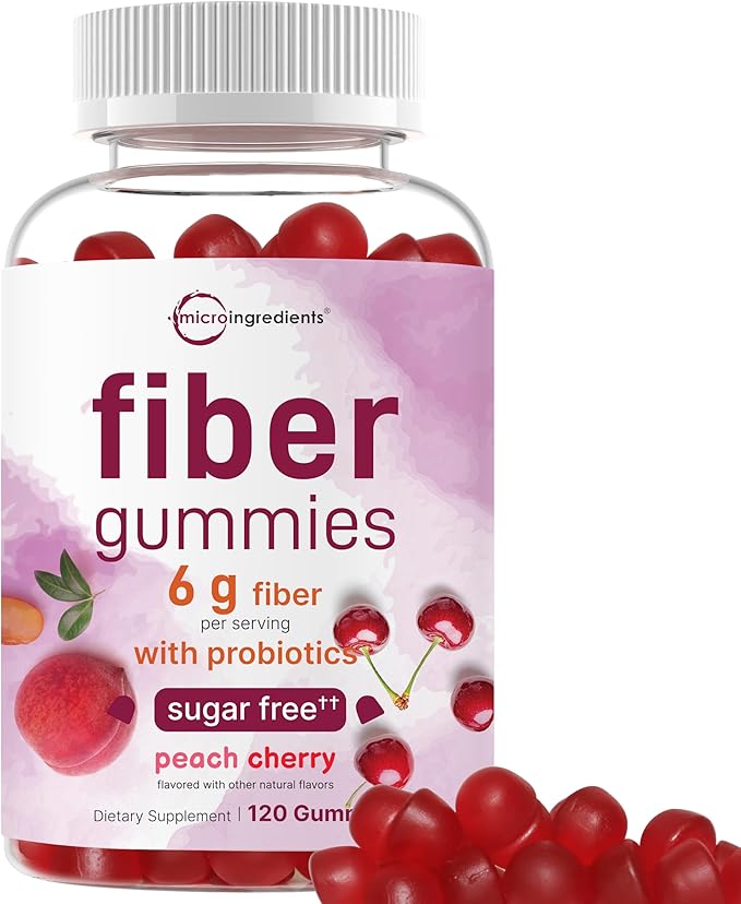Micro Ingredients Fiber Gummies with Probiotics, 120 Count | 6g Per Serving + 2 Billion CFU | Sugar Free Peach Cherry Flavor | High Fiber Supplement for Women & Men | Non-GMO, Gluten Free