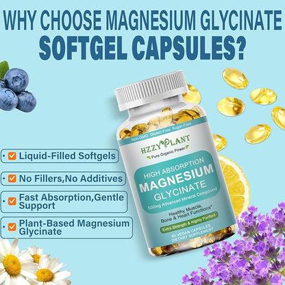 Magnesium Glycinate 500mg Softgels, High Absorption Magnesium Supplement Softgel Capsules for Muscle, Heart, Sleep & Bone Support, Stress Relief, Nerve Health & Metabolism, Non-GMO, 2 Month Supply