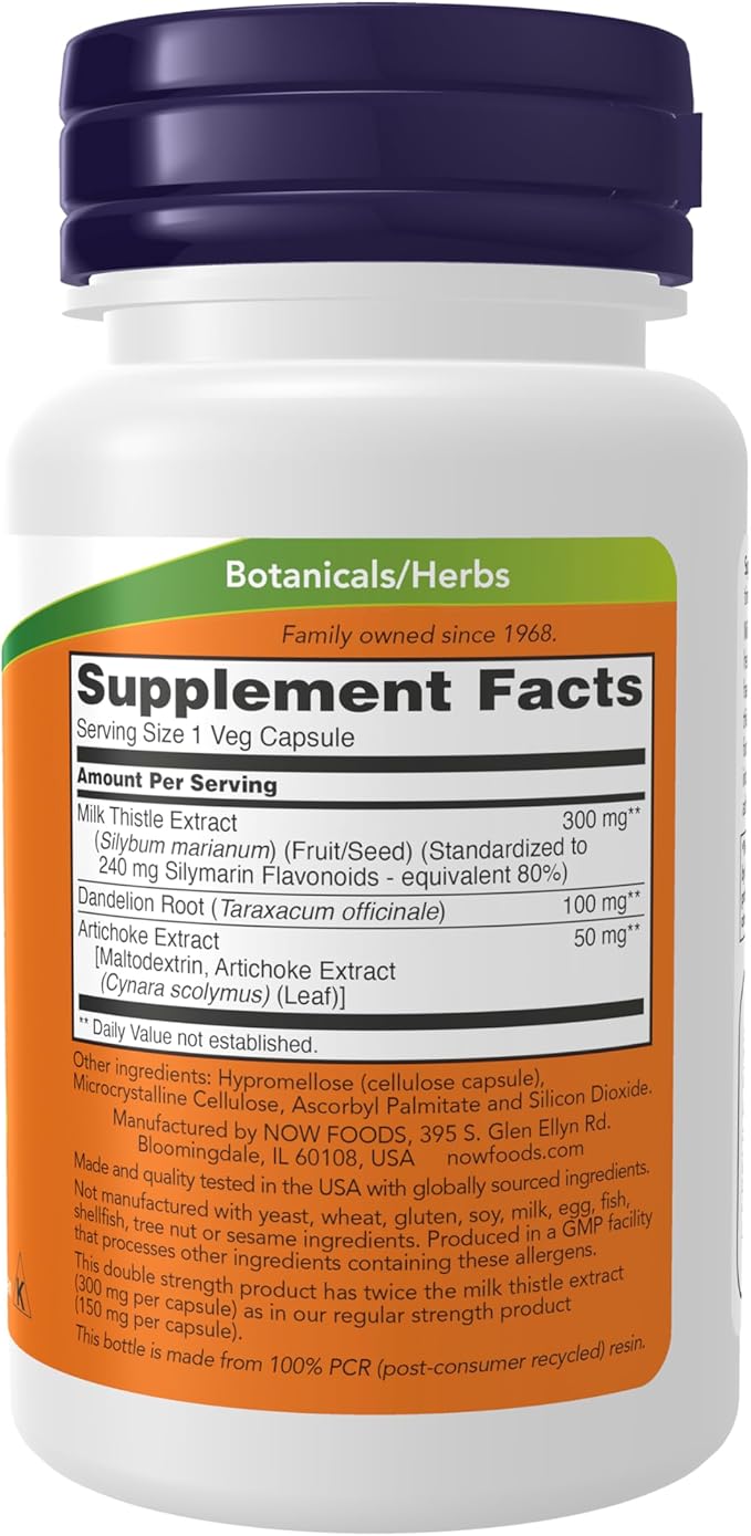 NOW Foods Supplements, Silymarin Milk Thistle Extract 300 mg with Artichoke and Dandelion, Double Strength, Supports Liver Function*, 50 Veg Capsules