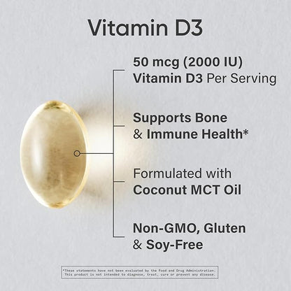 Sports Research Vitamin D3 2000 IU with Coconut MCT Oil - Double Strength Vitamin D Supplement - Non-GMO Verified, Gluten & Soy Free – 50mcg, 360 Liquid Softgels