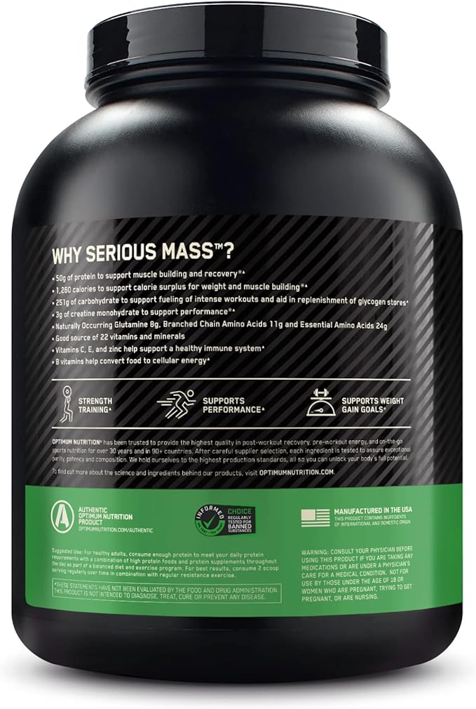 Optimum Nutrition Serious Mass, Weight Gainer Protein Powder, Mass Gainer, Vitamin C and Zinc for Immune Support, Creatine, Chocolate Peanut Butter, 6 Pound (Packaging May Vary)