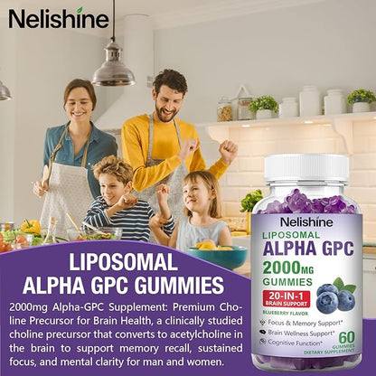 Liposomal Alpha GPC 2000mg & Citicoline Gummies Complex Phosphatidylserine,Ginkgo Biloba,L-Tyrosine,Huperzine A & B Vitamins,20-in-1 Blend for Focus, Memory & Cognitive Support