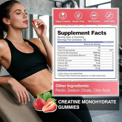 Creatine Gummies for Women & Men Low Sugar Creatine Supplements, Help Build Muscle Creatine Monohydrate Gummies Raspberry Flavor Supports Muscle Growth and Enhances Strength 120 Count