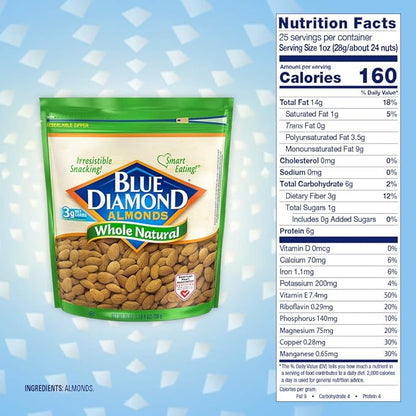 Blue Diamond Almonds Whole Natural Raw Snack Nuts, 25 Oz Resealable Bag (Pack of 2)