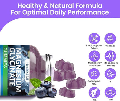 Magnesium Glycinate Gummies 1000mg, High Absorption Sugar Free Magnesium Potassium Supplement for Relaxation, Stress Relief, and Sleep Support for Adults & Kids - 180 Blueberry Gummies