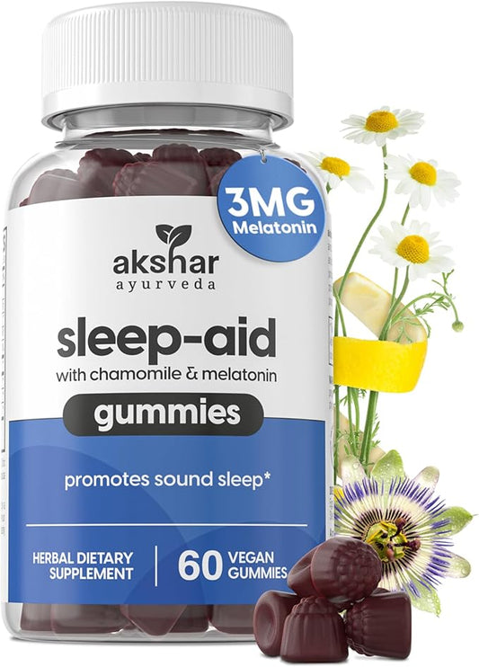 AKSHAR ayurveda – Sleep Gummies for Adults with Melatonin, Chamomile, Passionflower and Lemon Balm – 3mg Melatonin Gummies for Sleeping – Non-GMO Vegan Gluten Free Made in USA (60 Count)
