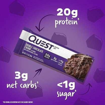 Quest Nutrition Double Chocolate Chunk Protein Bars, 20g Protein Bars, 1g Sugar, 4g Net Carb, Gluten Free, Keto Friendly, 4 Count