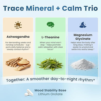 Lithium Orotate 5/10mg, L-Theanine 200mg, Ashwagandha 300mg - Mood Focus Memory Brain Supplements with Bacopa Monnieri, Lion’s Mane, Magnesium, Zinc D3 B6 Folate B12 - 120 Vegan Capsules, 2 Months