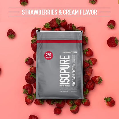 Isopure Zero Carb 100% Pure Whey Isolate Protein Powder, Gluten Free, With Vitamins, Strawberries & Cream, 25g Protein Per Serving, 7.5 Lbs, 110 Servings (Packaging May Vary)