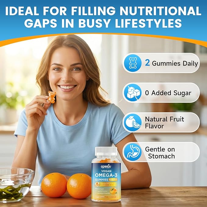 2 Pack Vegan Omega 3 Gummies 1000MG Algal Oil Omega 3 Supplement for Adults with Algae DHA 600mg & EPA 300mg Fish Oil Alternative - for Eye & Immune Health, Orange Flavor, 120 Count