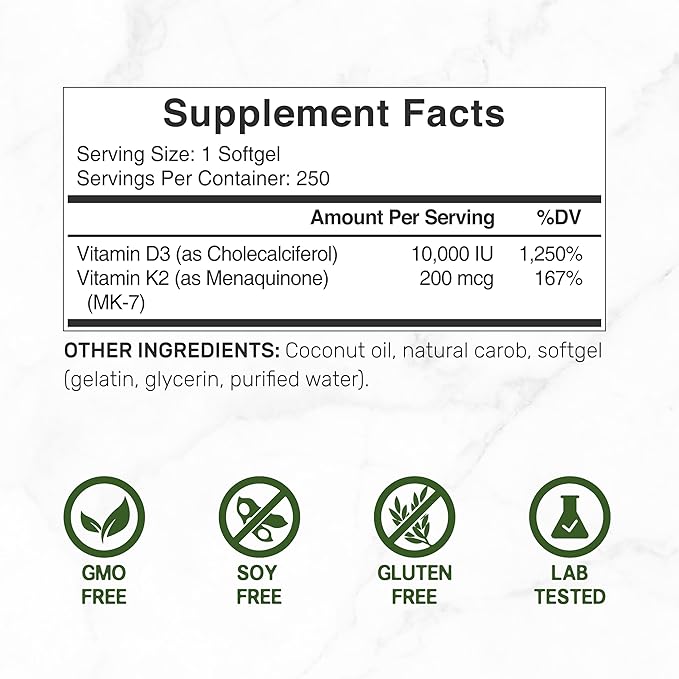 DEAL SUPPLEMENT Vitamin D3 10,000 IU + K2 MK7 200mcg Softgels, 250 Count | 2-in-1 Complex with Virgin Coconut Oil | Easy to Swallow
