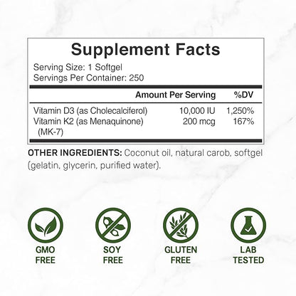 DEAL SUPPLEMENT Vitamin D3 10,000 IU + K2 MK7 200mcg Softgels, 250 Count | 2-in-1 Complex with Virgin Coconut Oil | Easy to Swallow