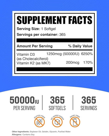 BulkSupplements.com Vitamin D3 50,000IU + Vitamin K2 200mcg Softgels - 365 Count (Pack of 1)