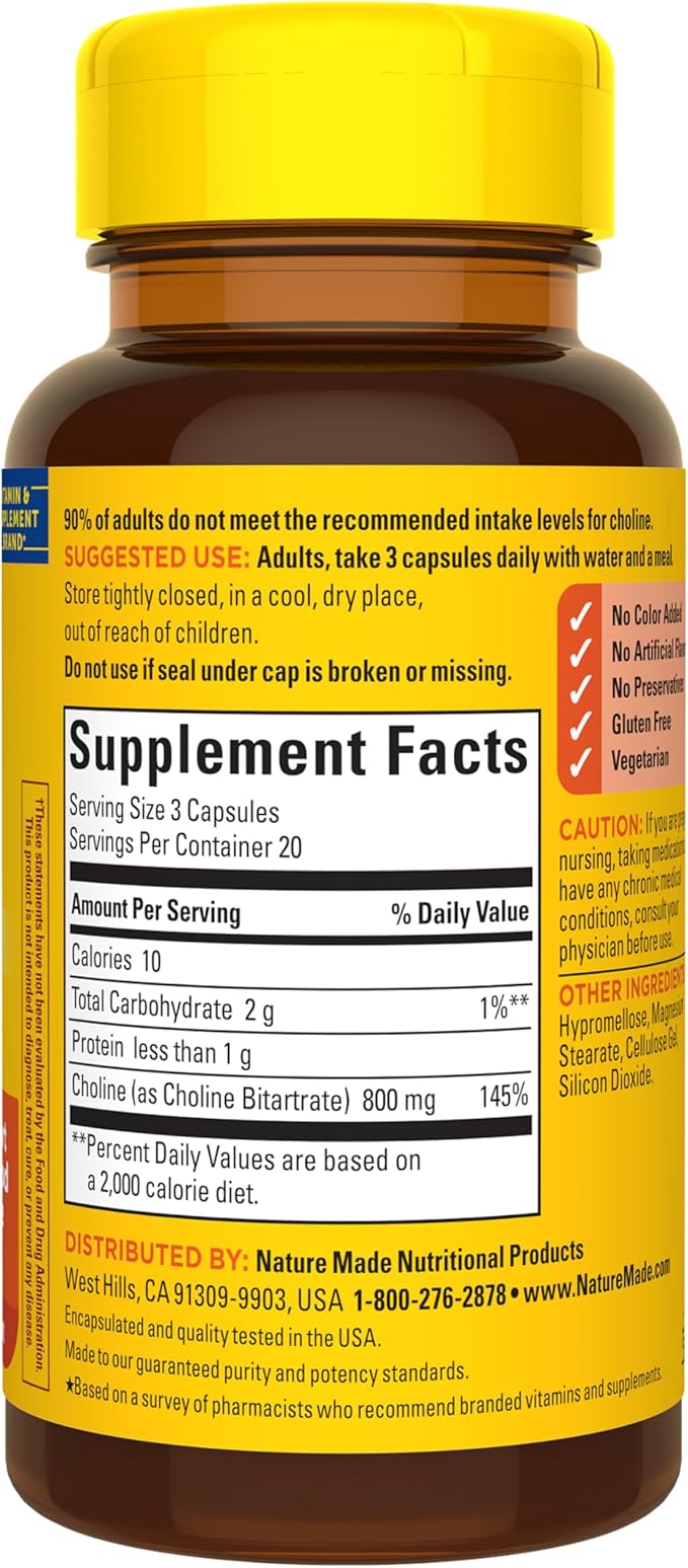 Nature Made Extra Strength Dosage Choline Supplements 800 Mg Per 3 Capsules, Brain Health, Mood, Muscle & Liver Support, Vegetarian, 60 Capsules, 20 Day Supply