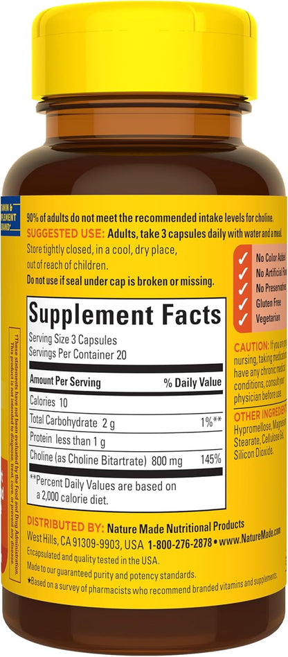 Nature Made Extra Strength Dosage Choline Supplements 800 Mg Per 3 Capsules, Brain Health, Mood, Muscle & Liver Support, Vegetarian, 60 Capsules, 20 Day Supply