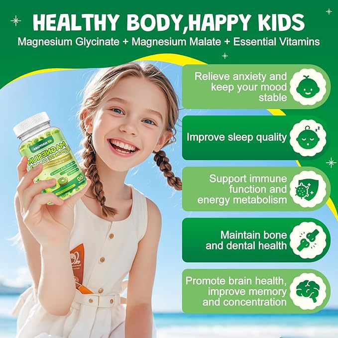 Magnesium Glycinate Gummies for Kids & Adults - Sugar Free Magnesium Malate with L-Theanine, Omega-3, Vitamin D3, B6, B12, C- Sleep, Calm, Relaxation, Brain, Bones, Green Apple & Kiwi, 60ct (2 Pack)