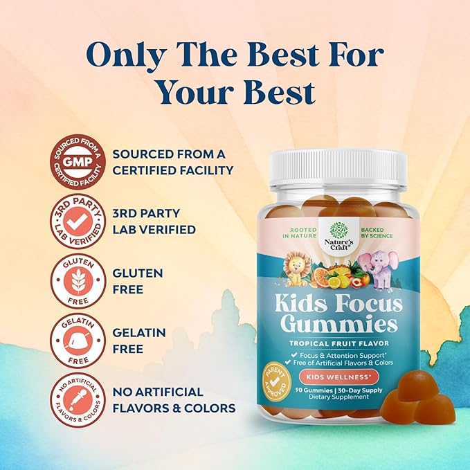 Kids Focus Gummies - Nootropics Brain Support Supplement for Kids with Green Tea Extract, B6 & B12 Vitamins for Memory and Brain Focus - Herbal Concentration Chews for Children - 90 Count
