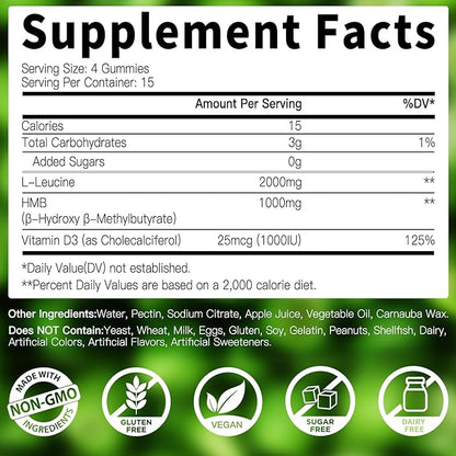 2 Pack HMB and L-Leucine Gummies - 3000mg HMB and Leucine Amino Acid with Vitamin D3 for Muscle and Energy Support, HMB Supplements for Men and Women, Sugar-Free, Vegan, Apple Flavor, 120 Gummies