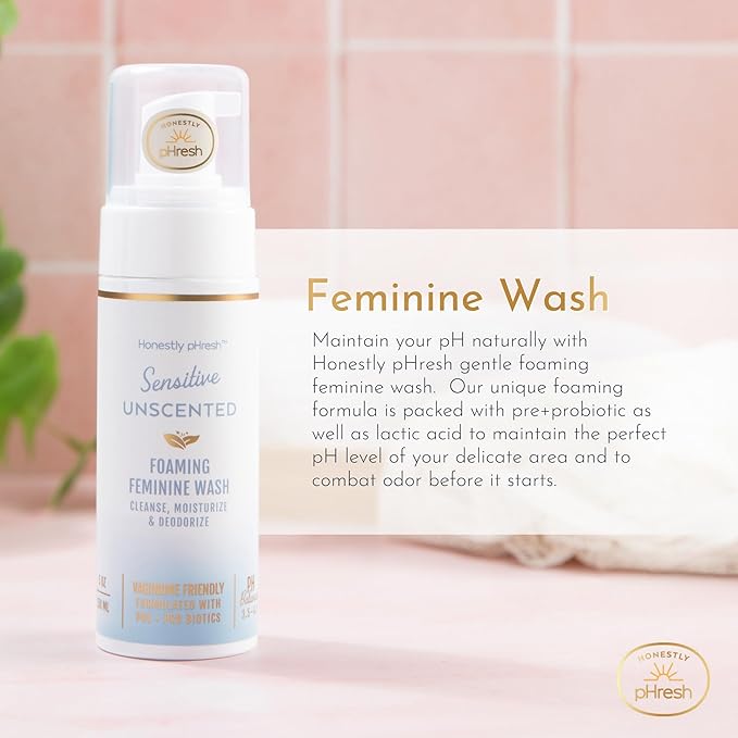 Honestly pHresh Foaming Feminine Wash for Women – pH Balanced Natural Intimate Cleanser with Prebiotics & Probiotics. Vegan, Sensitive Skin Safe. Made In USA - Sage & Chamomile Scent, 5 oz