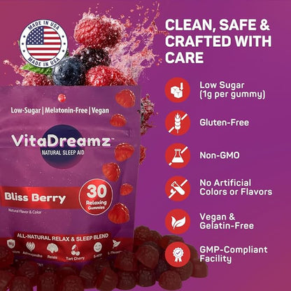 Melatonin-Free Sleep Gummies | Magnesium, Ashwagandha, Tart Cherry & L-Theanine | Natural Calm & Restful Sleep Support | Vegan, Sugar Free Bliss Berry | 30 Count