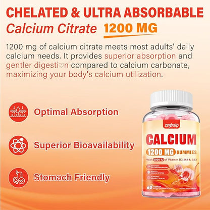 Calcium 1200 mg with Vitamin D3 Supplement for Adults - Calcium Gummies with Vitamin D3 5000IU, K2, B12 for Women Men - Extra Absorption Calcium Citrate - Natural Strawberry Flavor, 60 Gummies