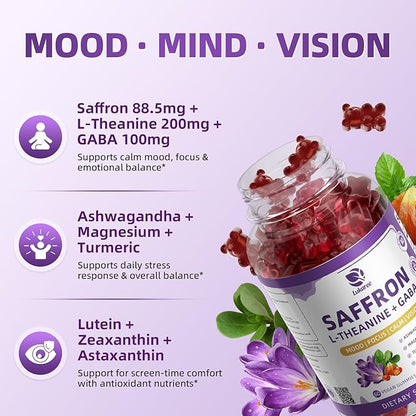 Lukaree 10-in-1 Saffron Gummies Supplements for Mood, Focus & Eye Support with L-Theanine 200mg, GABA, Ashwagandha, Lutein, Zeaxanthin & Astaxanthin, Sugar Free, Vegan, Berry Flavor, 2 Pack 120 Count