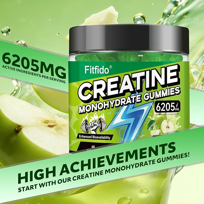 Creatine Monohydrate Gummies for Men & Women - 6205mg per Serving, Containing L-carnitine & Taurine, Post Workout Muscle Recovery, Strength & Energy Boost, Sugar Free & Vegan (60, Green Apple)