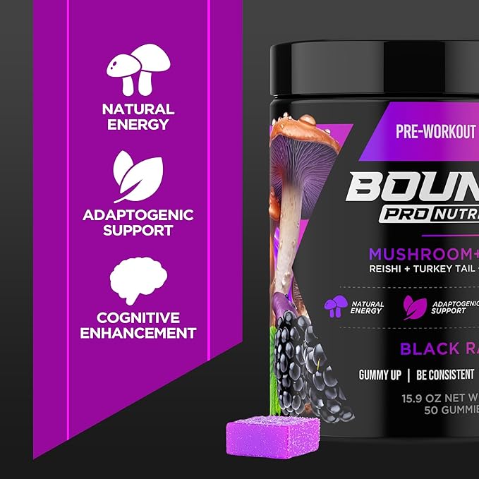Bounce Pro Pre Workout Gummies – 70 Vegan Chewable Gummies with Caffeine, Lion’s Mane & L-Theanine for Energy, Focus & Endurance – Mushroom Preworkout for Men & Women – Black Razz Flavor