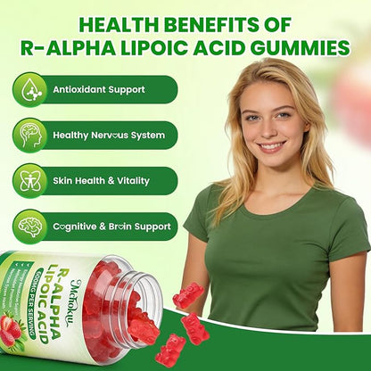 R Alpha Lipoic Acid 600mg Gummies, Stabilized R-Alpha Lipoic Acid, ALA Supplement for Nerve Health, Antioxidant & Metabolism Support- Vegan, Non-GMO, Gluten Free, Strawberry Flavor - 60 Count