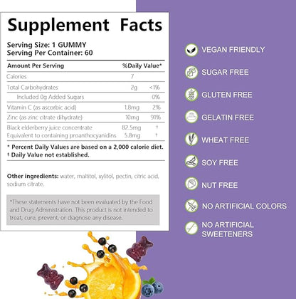 AFXMATE Sambucus Black Elderberry Gummies with Zinc and Vitamin C for Adults Kids Immune Support, Sugar Free Elderberry 120 Counts