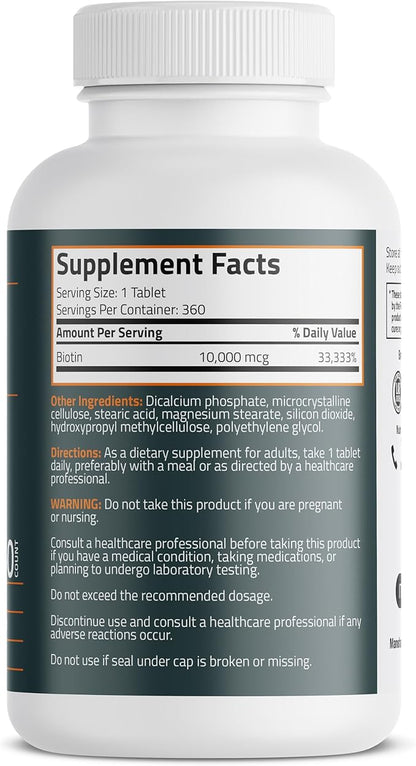 Bronson Biotin 10,000mcg, Supports Healthy Hair, Skin and Nails, Vegetarian, Non-GMO, 360 Tablets
