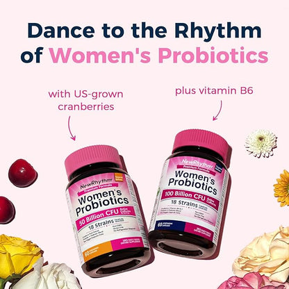 NewRhythm Women's Probiotics, Organic Cranberry, 50 Billion CFU 18 Strains, Probiotics with Prebiotics, Support Digestive Health, No Refrigeration Needed, Non-GMO, No Soy, 60 Vegan Capsules, No Dairy