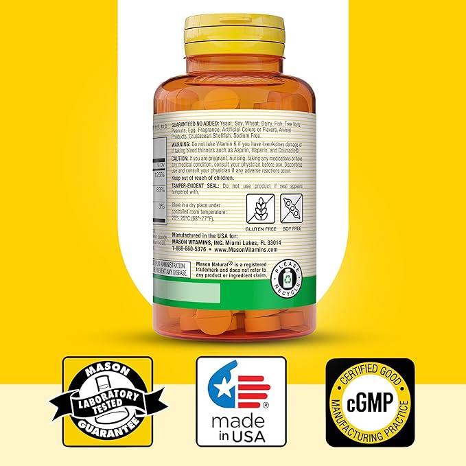 MASON NATURAL Vitamin K2 + D3, 100,Day Supply, with Calcium for Normal Bone and Muscle Support, Tablets