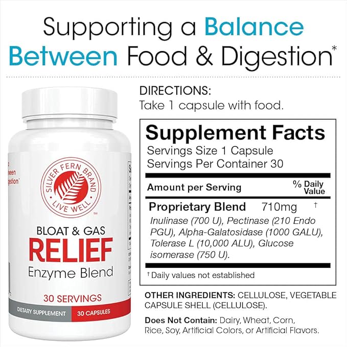 Silver Fern Bloat & Gas Relief Digestive Enzyme Blend - 2 Bottles = 60 Servings - FODMAP & Bloating Digestion Supplement with Tolerase L, Pectinase & More (2 Bottles)