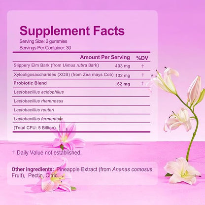 Her Juicy Feminine Probiotics Gummies for Women with Slippery Elm - Pineapple Flavor, pH Balance & Immune Health Support - Digestive & Feminine Support - Vegan Supplement, 60 C
