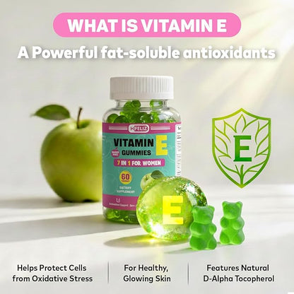 Vitamin E Gummies for Women – 400 IU (268mg) Vitamin E Supplements with Biotin & Hyaluronic Acid for Skin, Hair & Nails – Sugar Free, Vegan, Non-GMO – 60 Count