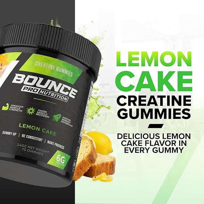 Bounce Pro Creatine Monohydrate Gummies for Men & Women, Low Calorie, 6G of Creatine per Serving, Vegan, Anti-Melting, Gluten-Free, Non-GMO (75 Count (Pack of 1), Lemon Cake)