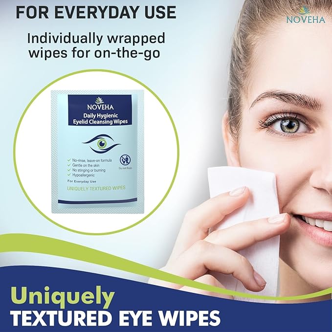 NOVEHA 180Pcs Daily Hygienic Eyelid & Lash Wipes | Individually Wrapped Cleansing Eyelash Wipes - For Blepharitis & Itchy Eyes, Demodex and Natural Makeup Remover & Daily Cleanser (3 Pack)