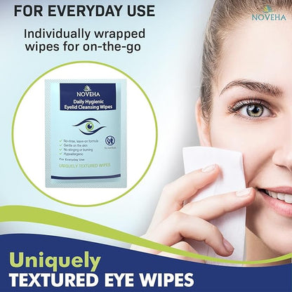NOVEHA 180Pcs Daily Hygienic Eyelid & Lash Wipes | Individually Wrapped Cleansing Eyelash Wipes - For Blepharitis & Itchy Eyes, Demodex and Natural Makeup Remover & Daily Cleanser (3 Pack)