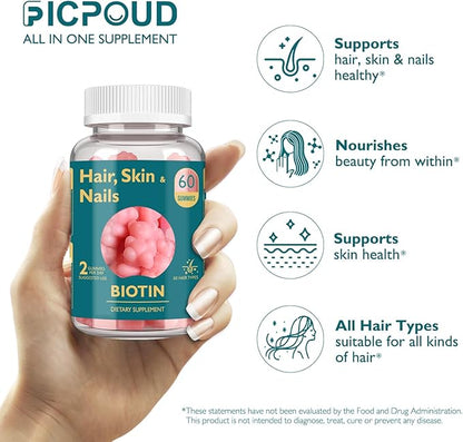 Hair Skin and Nails Biotin Gummies, Supports Healthy Hair, Skin & Nails, Vegan Vitamins for Women & Men, Supports Hair Growth and Stronger Nails, Healthy Skin, 30 Day Supply