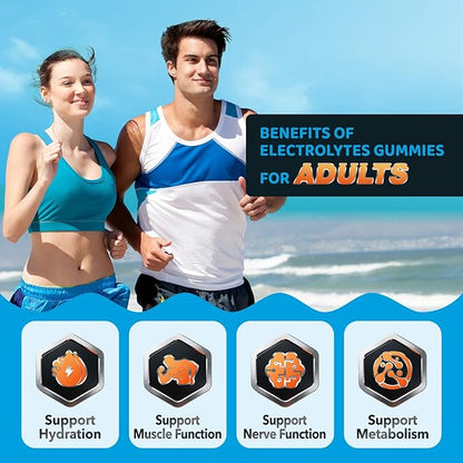 Electrolyte Gummies for Hydration, Hydration Gummies for Kids & Seniors Adults, with Potassium, Magnesium, Calcium, Sodium, Chloride for Runners and Endurance Sports, Orange Flavor, Vegan, 60 Chews