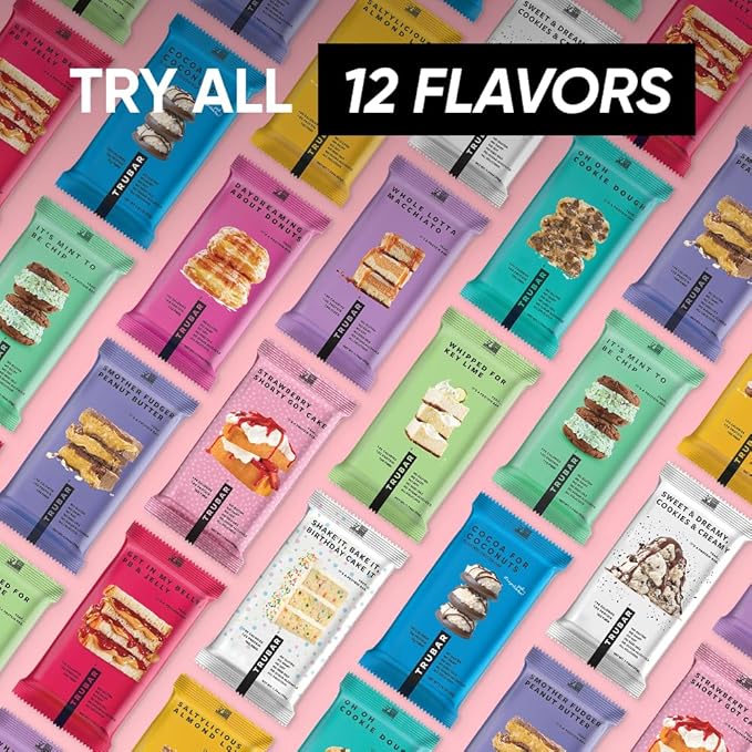 TRUBAR Vegan Protein Bar, Shake it Bake it Birthday Cake it, Gluten Free, Plant Based Protein, Dairy Free, Non GMO, Soy Free, No Sugar Alcohols, 12G Protein, 12G Fiber, 23G Carb, Snack Bars, 12ct