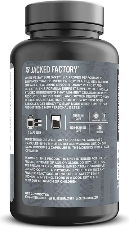 Jacked Factory Build-XT Daily Muscle Builder & Performance Enhancer - Muscle Building Supplement for Muscular Strength & Growth | Trademarked Ingredients Peak02, ElevATP, & Astragin - 60 Veggie Pills