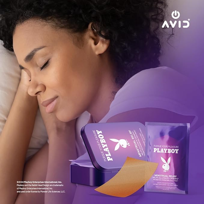 AVID Playboy - Menstrual Relief PMS Oral Strips (30 Edible Strips) Fast Dissolving PMS Cramp Relief & Hormonal Balance Strips for Women - Lemon Ginger Flavored Multi-Benefit PMS Supplement for Women