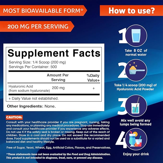 Vitamatic Hyaluronic Acid Powder 200mg - Supports Healthy Connective Tissue and Joints - Promote Youthful Healthy Skin - 100 Gram