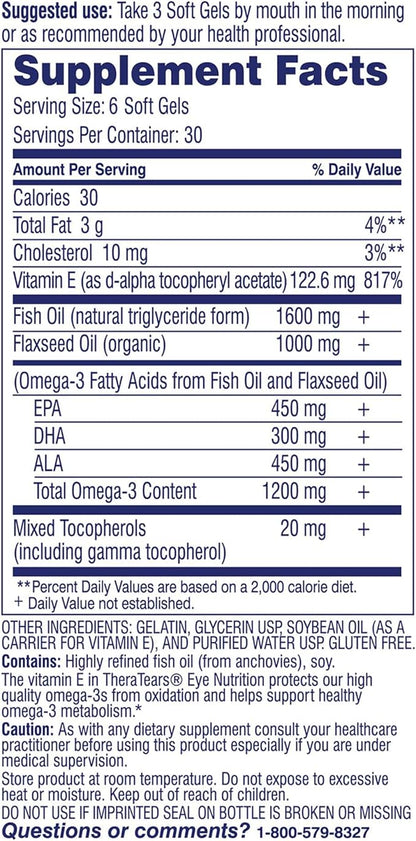 TheraTears Omega 3 Supplement for Eye Care, 1200mg Fish Oil and Organic Flaxseed Oil with Vitamin E, 180 Count